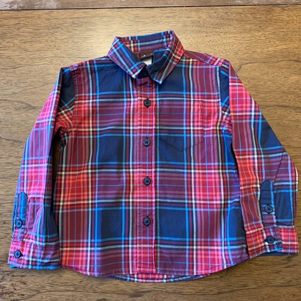 Tea Collection Baby Toddler Red Plaid Button Up Shirt 100% Cotton 18-24M EUC